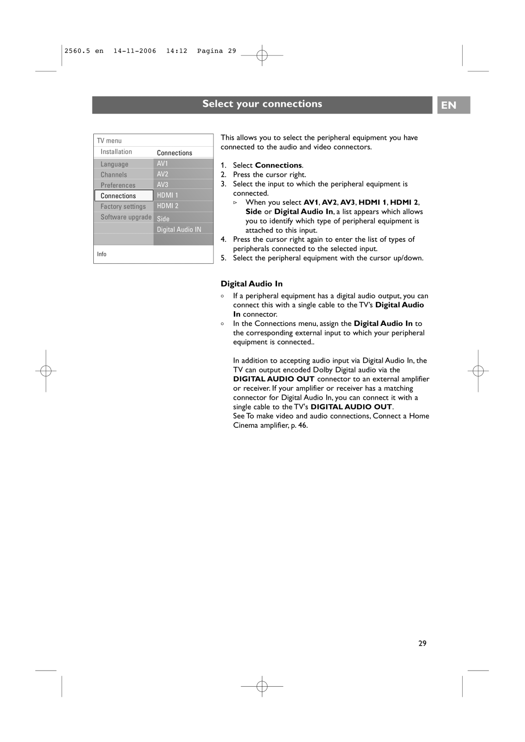 Philips 32-37-42PF9531/93, 42PF9541/93 user manual Select your connections, Digital Audio, Select Connections 