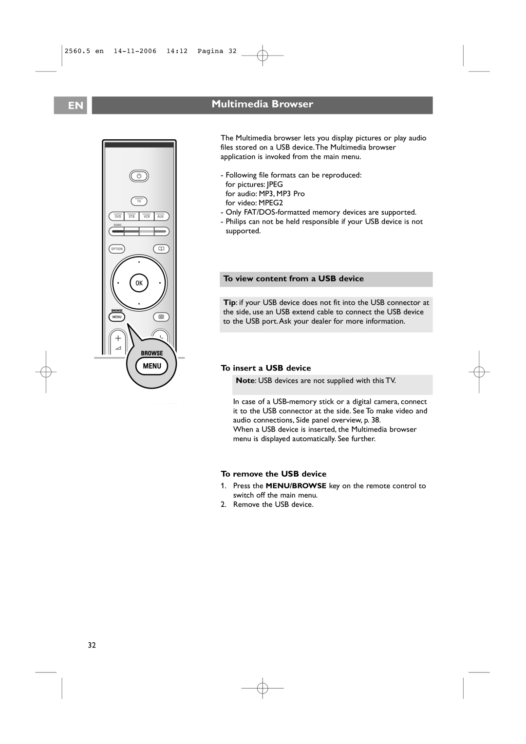 Philips 42PF9541/93, 32-37-42PF9531/93 Multimedia Browser, To view content from a USB device, To insert a USB device 