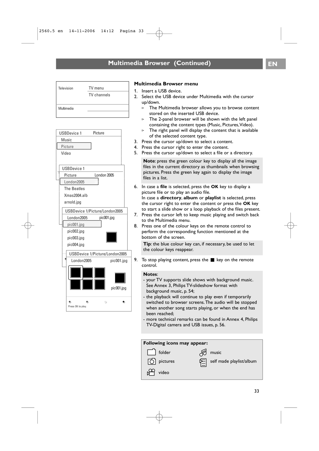 Philips 32-37-42PF9531/93, 42PF9541/93 user manual Multimedia Browser menu, Following icons may appear 