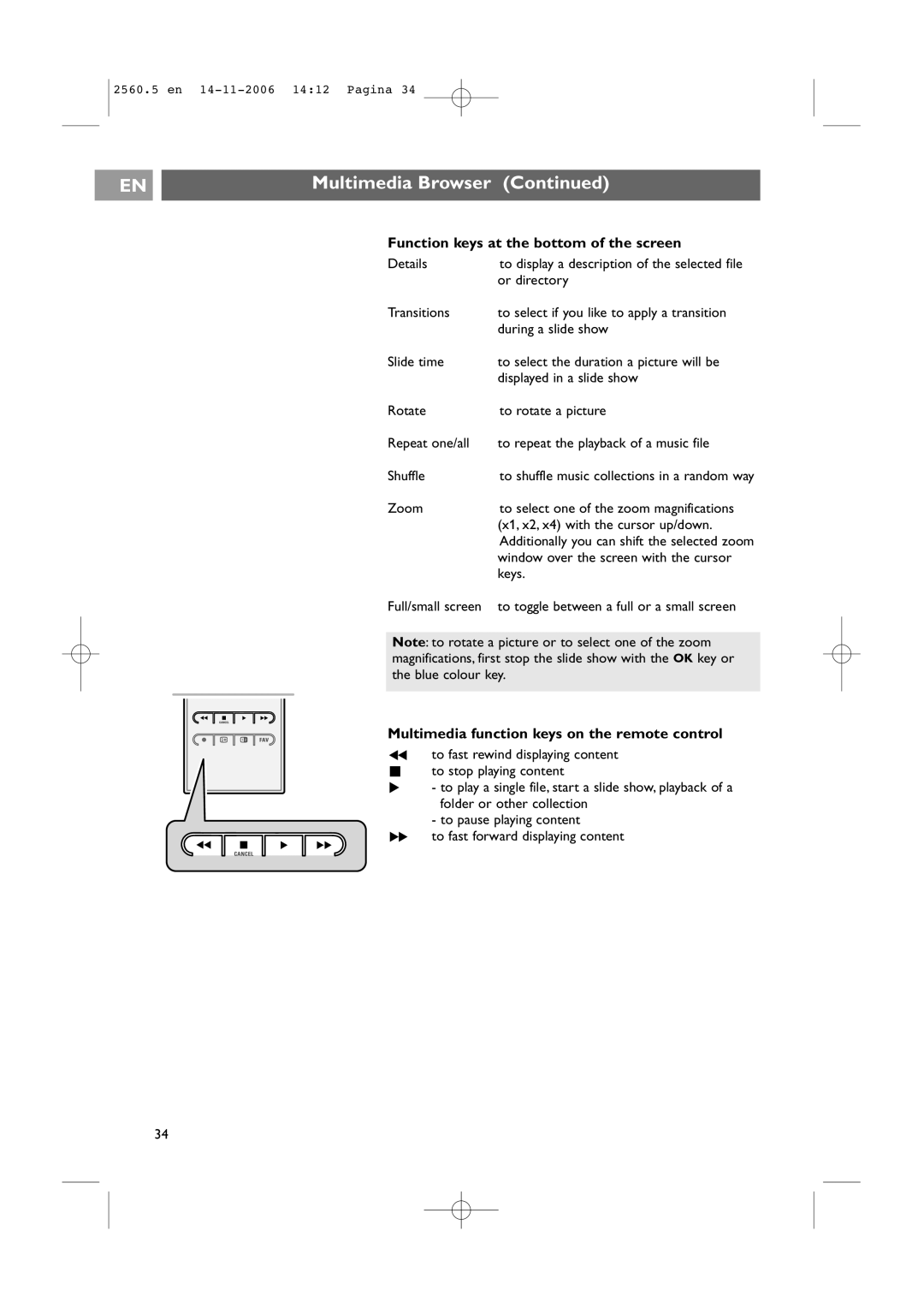 Philips 42PF9541/93 user manual Function keys at the bottom of the screen, Multimedia function keys on the remote control 