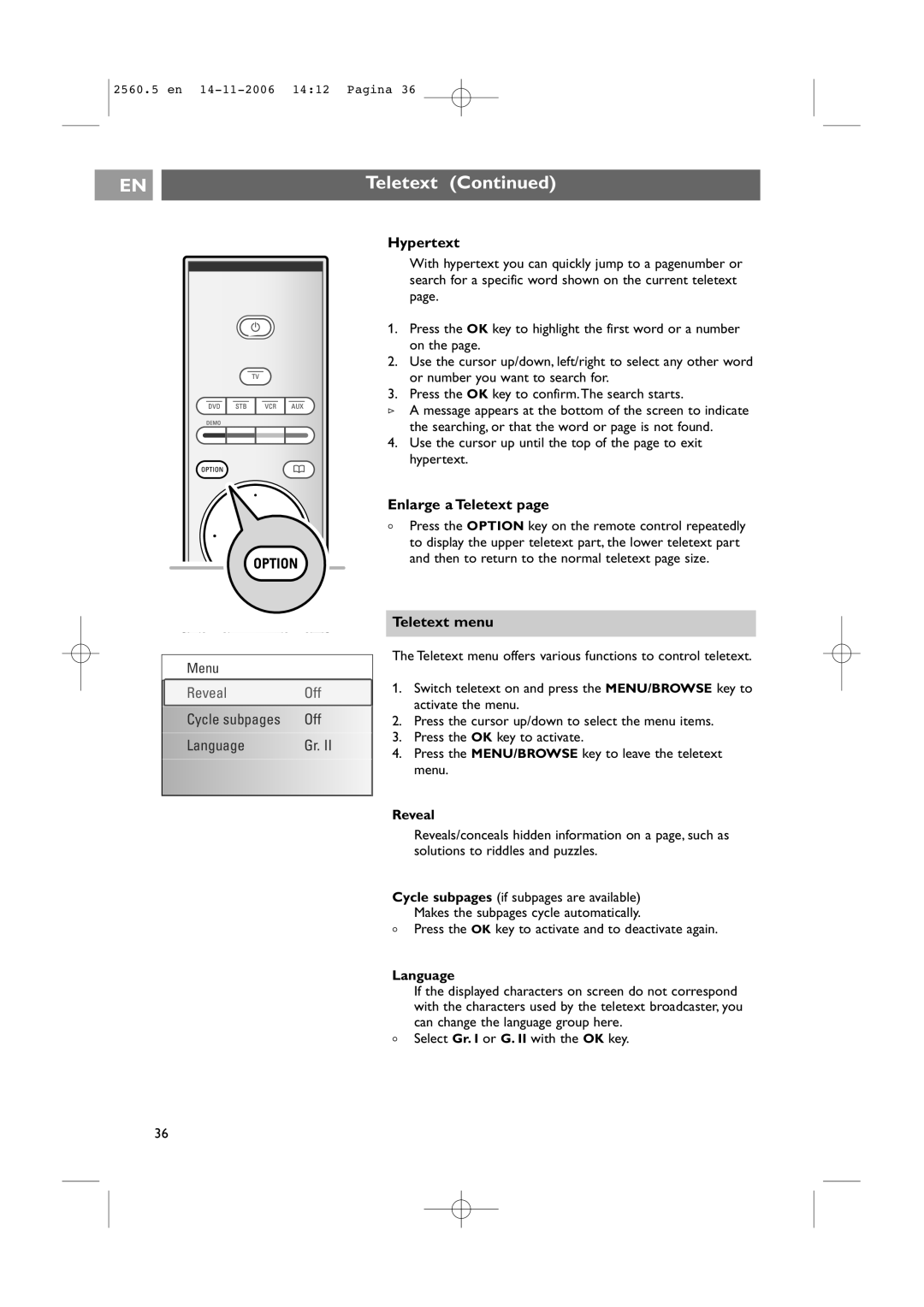 Philips 42PF9541/93, 32-37-42PF9531/93 user manual Hypertext, Enlarge a Teletext, Teletext menu, Reveal, Language 