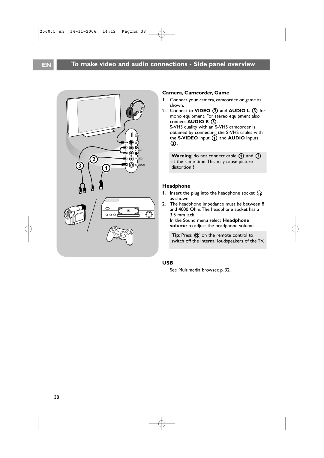 Philips 42PF9541/93 user manual To make video and audio connections Side panel overview, Camera, Camcorder, Game, Headphone 