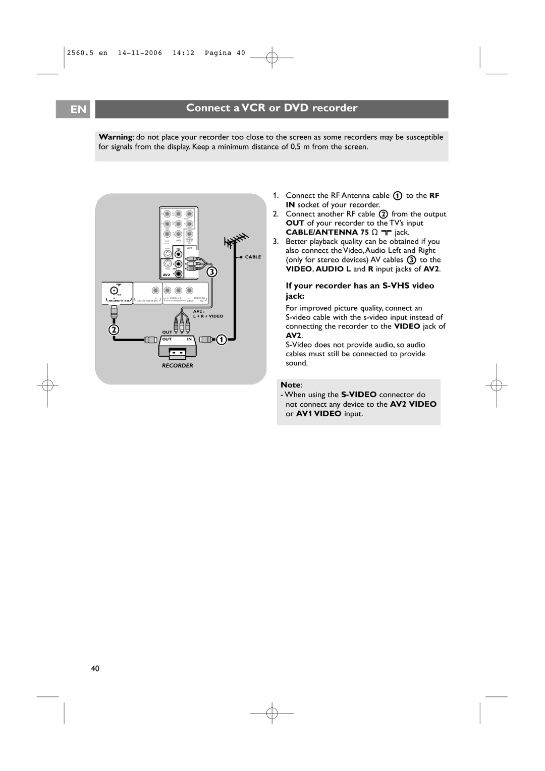 Philips 42PF9541/93, 32-37-42PF9531/93 user manual Connect a VCR or DVD recorder, Connect the RF Antenna cable 1 to the RF 