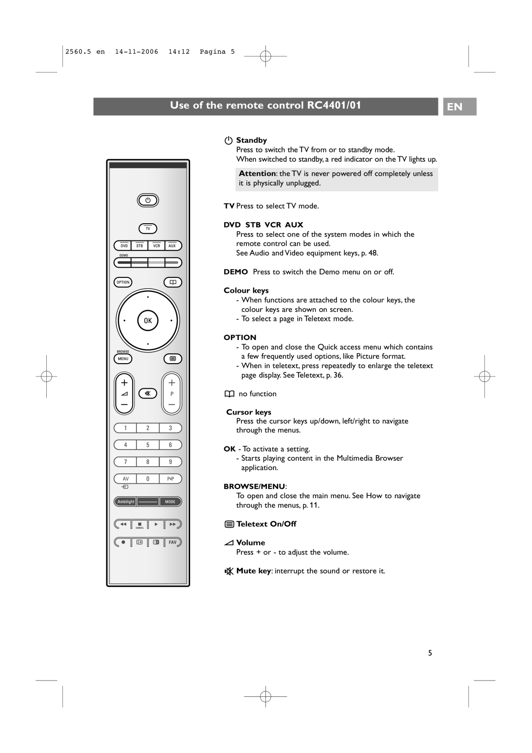 Philips 32-37-42PF9531/93 Use of the remote control RC4401/01, Standby, Colour keys, Cursor keys, Teletext On/Off Volume 