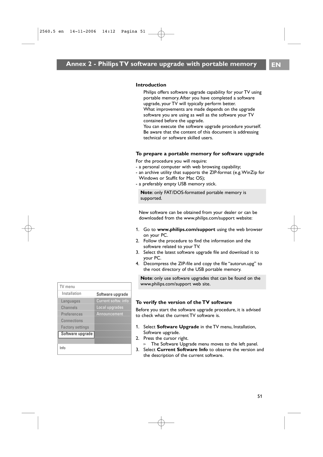 Philips 32-37-42PF9531/93, 42PF9541/93 user manual Annex 2 Philips TV software upgrade with portable memory 