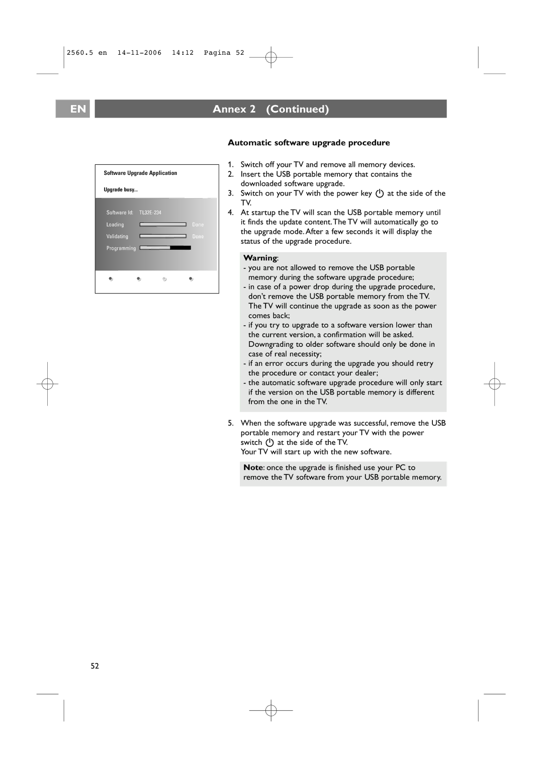 Philips 42PF9541/93, 32-37-42PF9531/93 user manual Annex, Automatic software upgrade procedure 