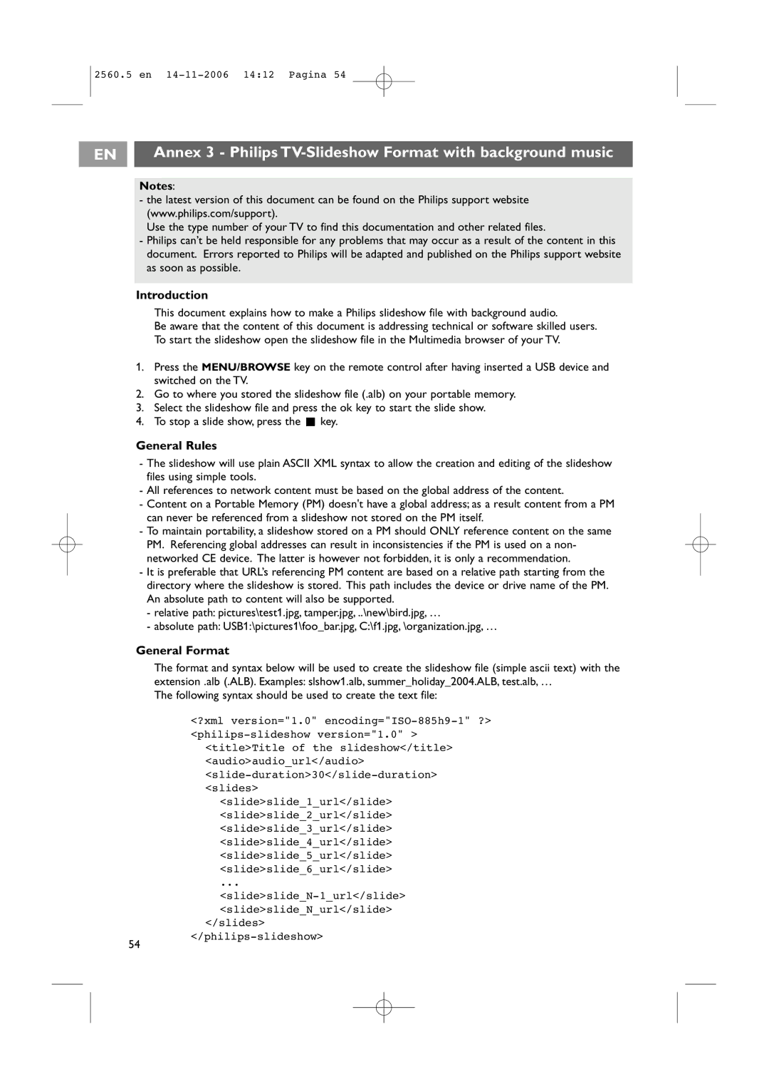 Philips 42PF9541/93 user manual Annex 3 Philips TV-Slideshow Format with background music, General Rules, General Format 