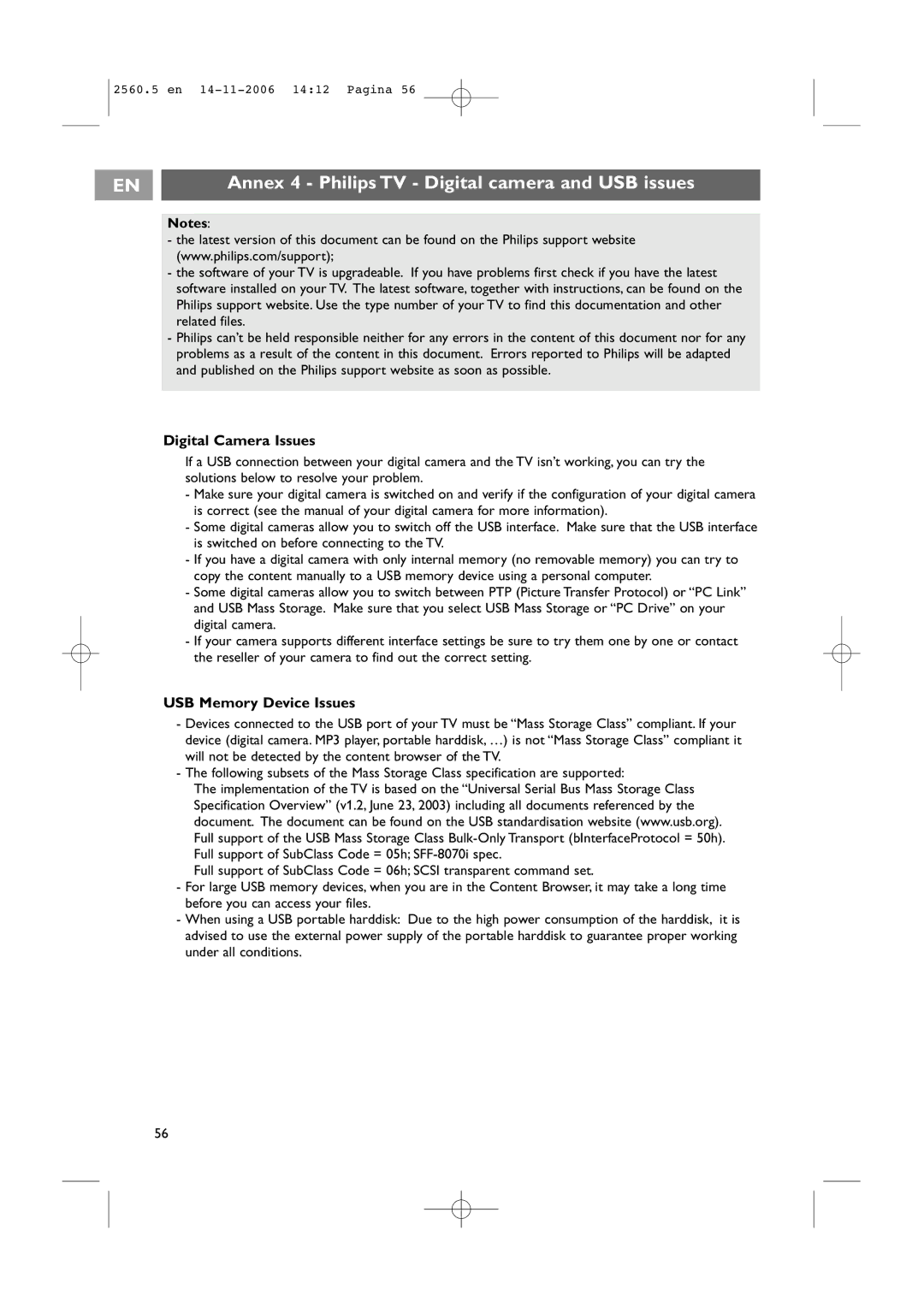 Philips 42PF9541/93 Annex 4 Philips TV Digital camera and USB issues, Digital Camera Issues, USB Memory Device Issues 