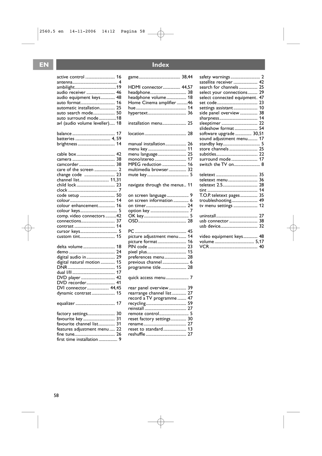 Philips 42PF9541/93, 32-37-42PF9531/93 user manual Index, 11,31 