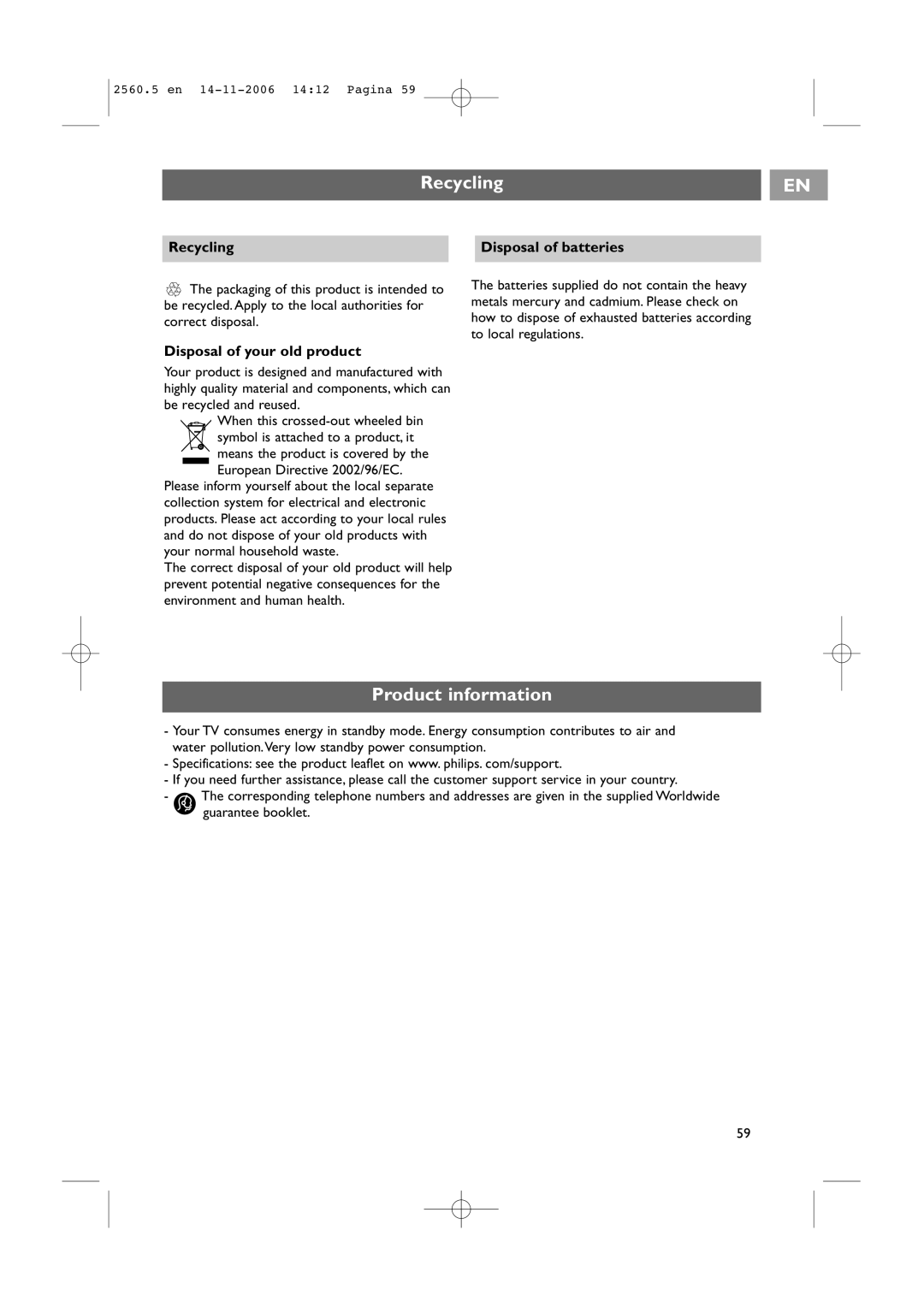 Philips 32-37-42PF9531/93 Product information, Recycling Disposal of batteries, Disposal of your old product 