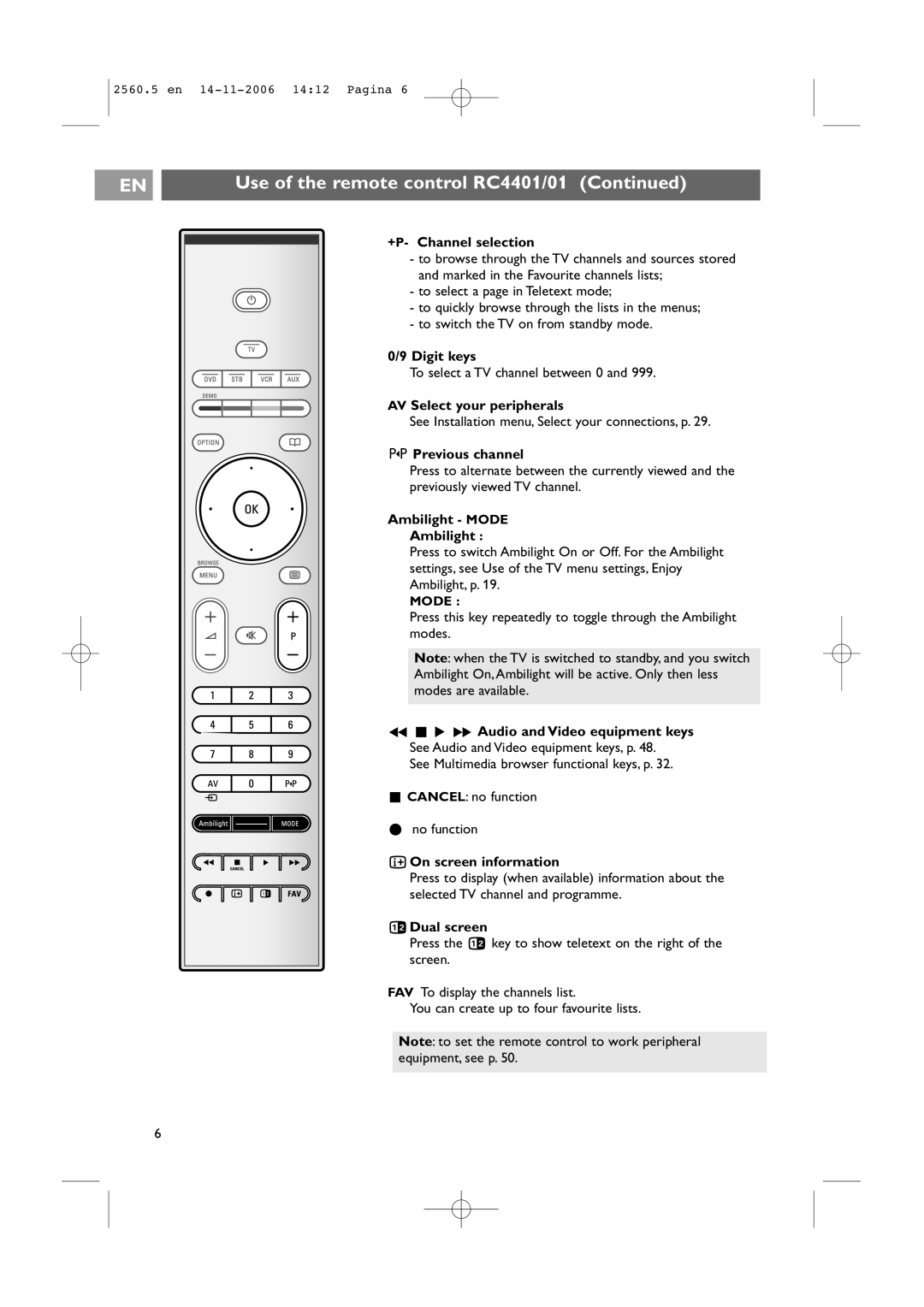 Philips 42PF9541/93 +P- Channel selection, Digit keys, AV Select your peripherals, Previous channel, Ambilight Mode 