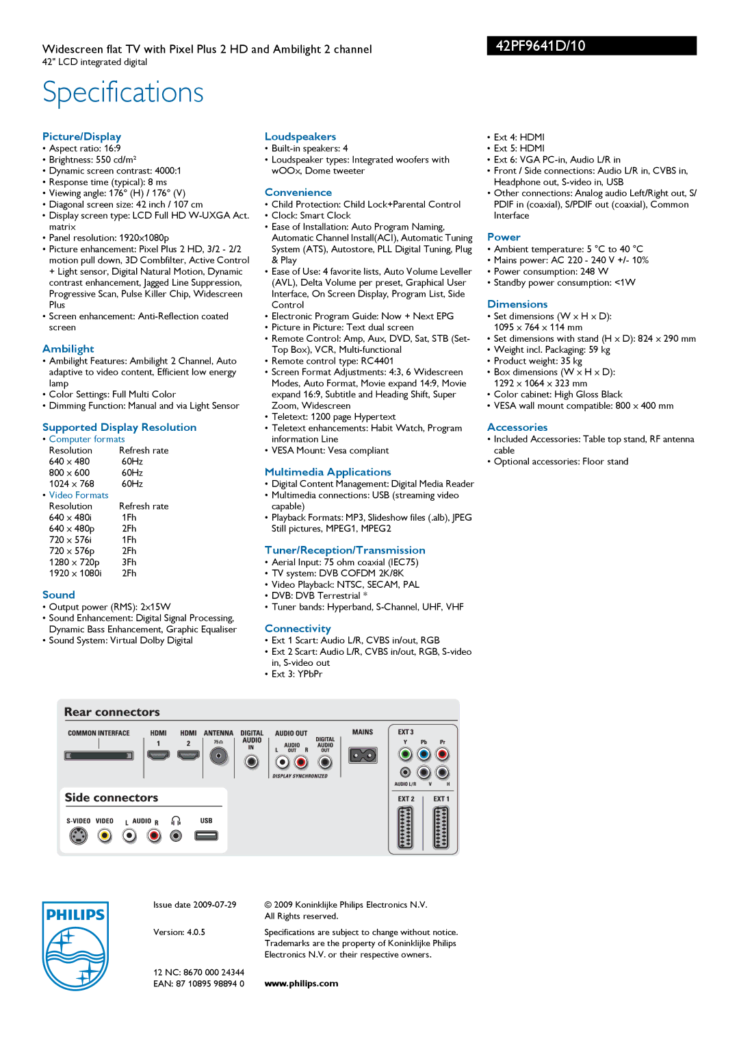 Philips 42PF9641D Picture/Display, Ambilight, Supported Display Resolution, Sound, Loudspeakers, Convenience, Connectivity 