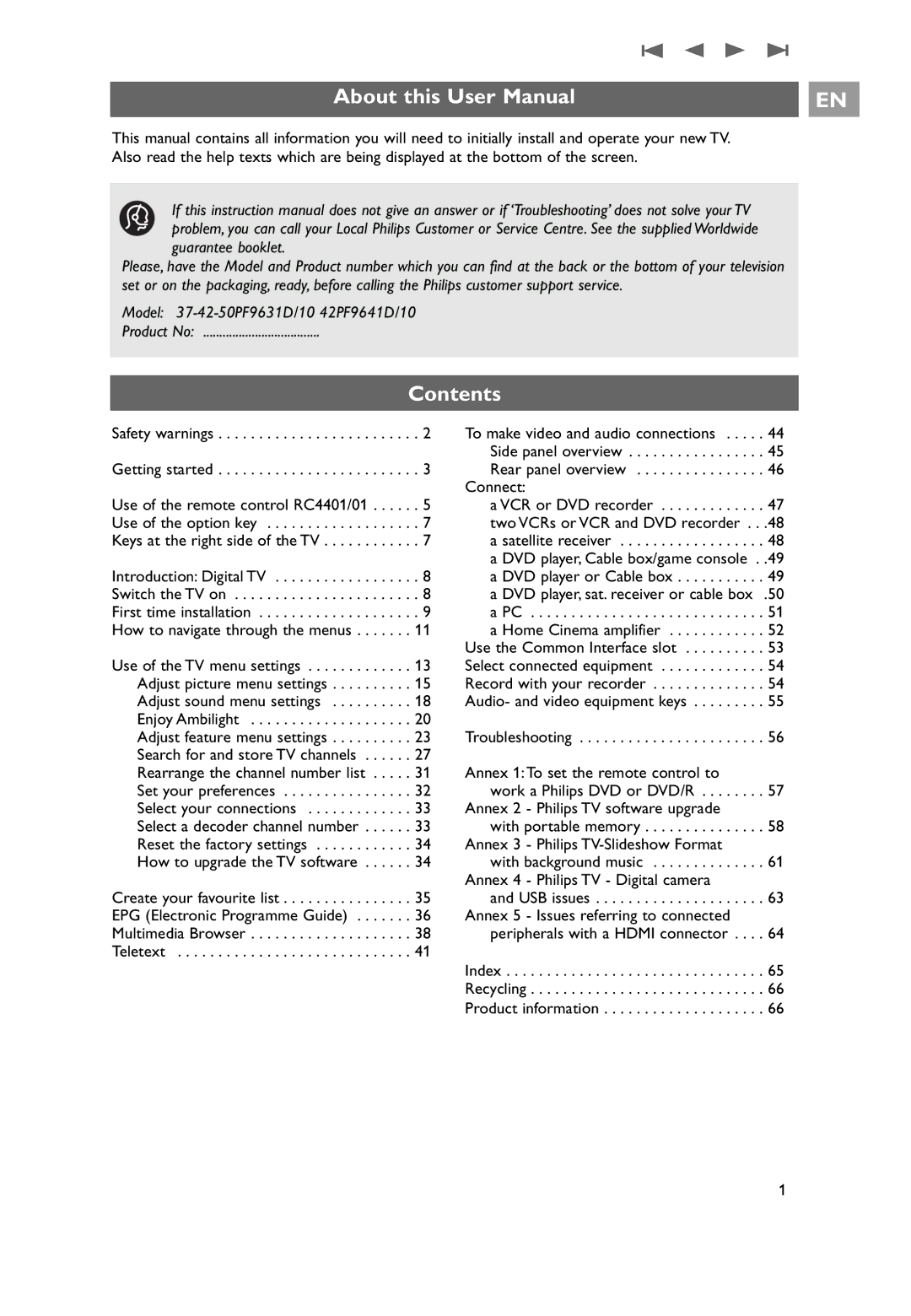 Philips 42PF9631D/10, 42PF9641D/10, 37PF9631D/10 user manual Contents 