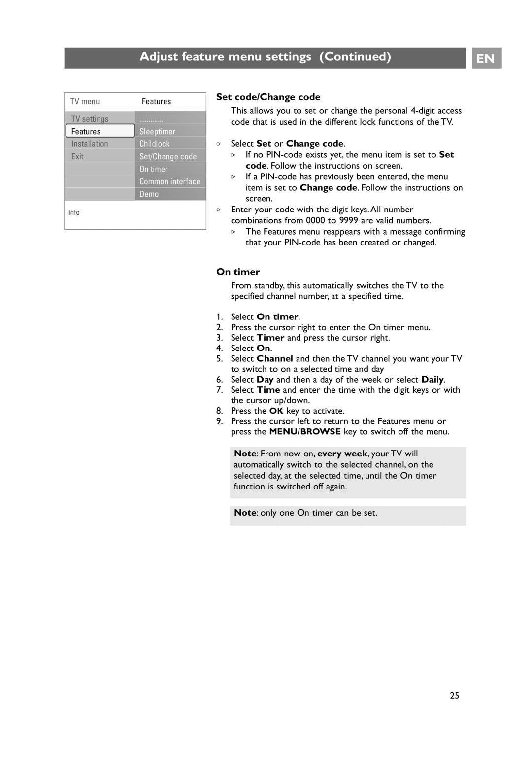 Philips 42PF9631D/10, 42PF9641D/10, 37PF9631D/10 user manual Set code/Change code, On timer, Select Set or Change code 