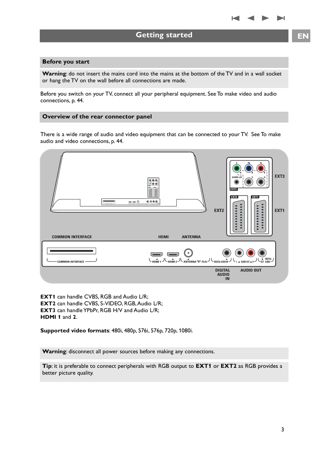 Philips 42PF9641D/10, 42PF9631D/10, 37PF9631D/10 Getting started, Before you start, Overview of the rear connector panel 