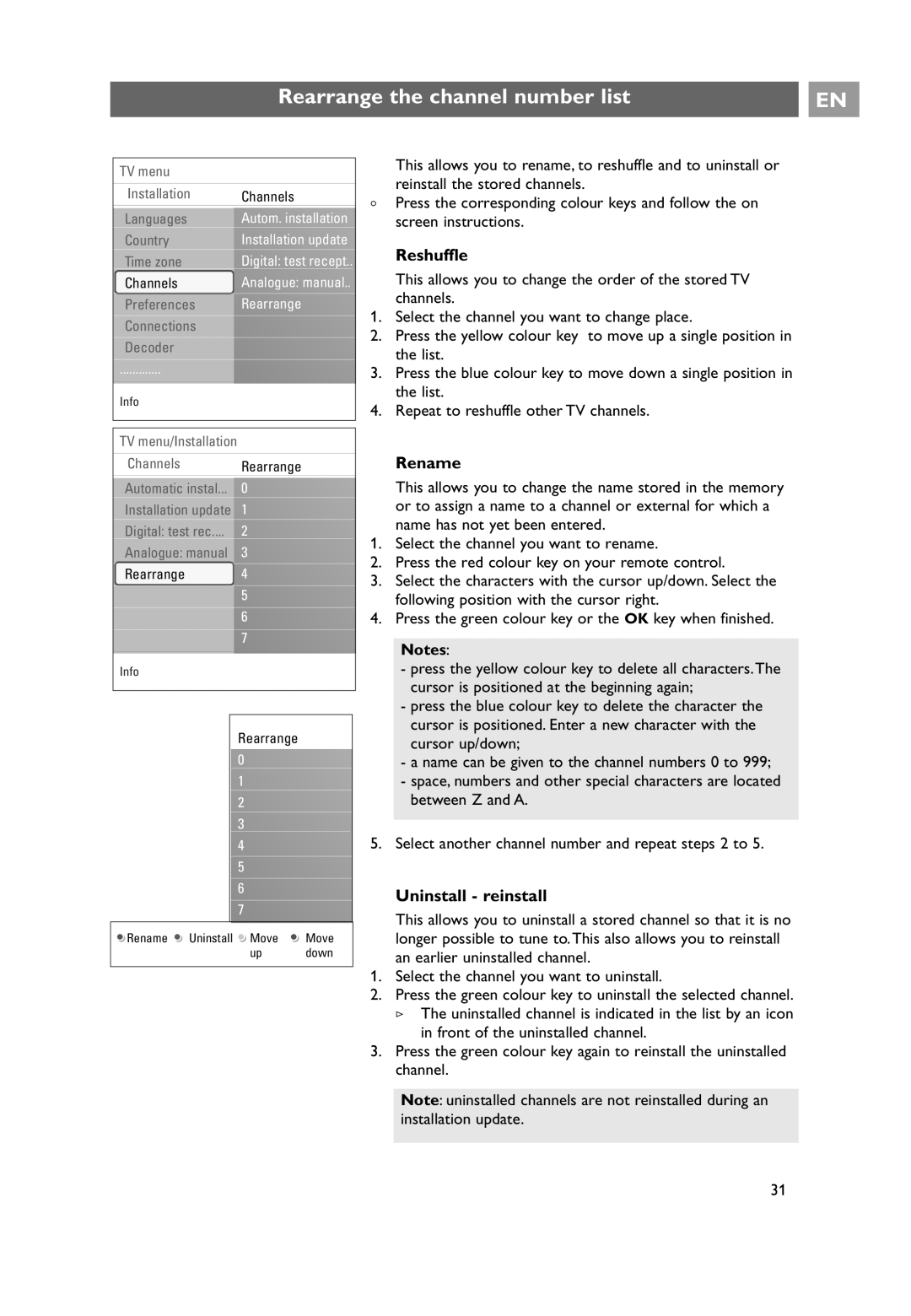 Philips 42PF9631D/10, 42PF9641D/10, 37PF9631D/10 user manual Rearrange the channel number list, Reshuffle, Rename 