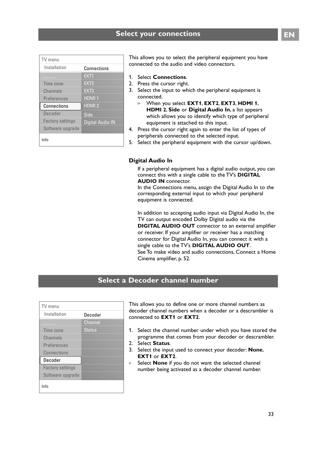 Philips 42PF9641D/10 Select your connections, Select a Decoder channel number, Digital Audio, Select Connections 