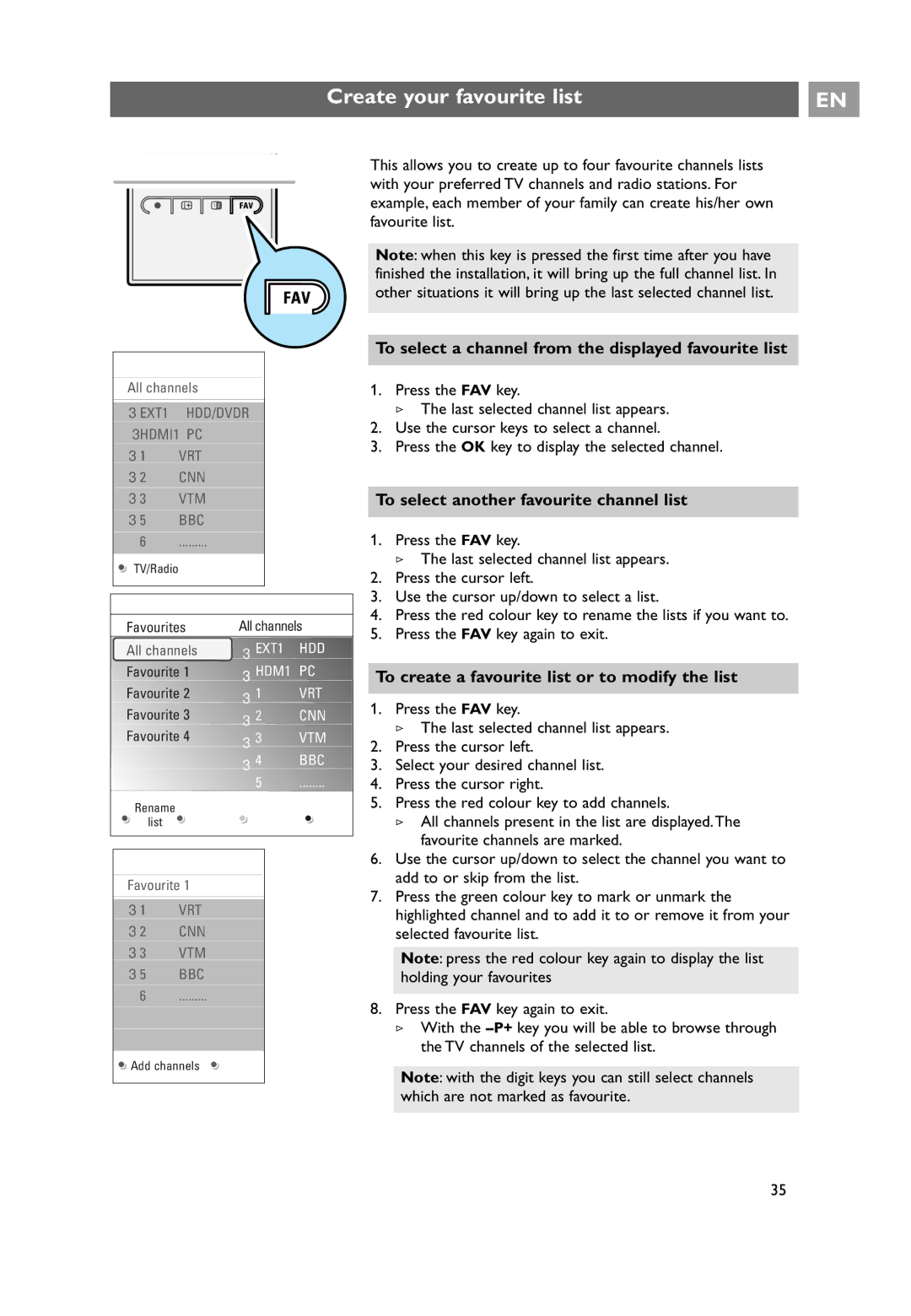 Philips 37PF9631D/10, 42PF9641D/10 Create your favourite list, To select a channel from the displayed favourite list 