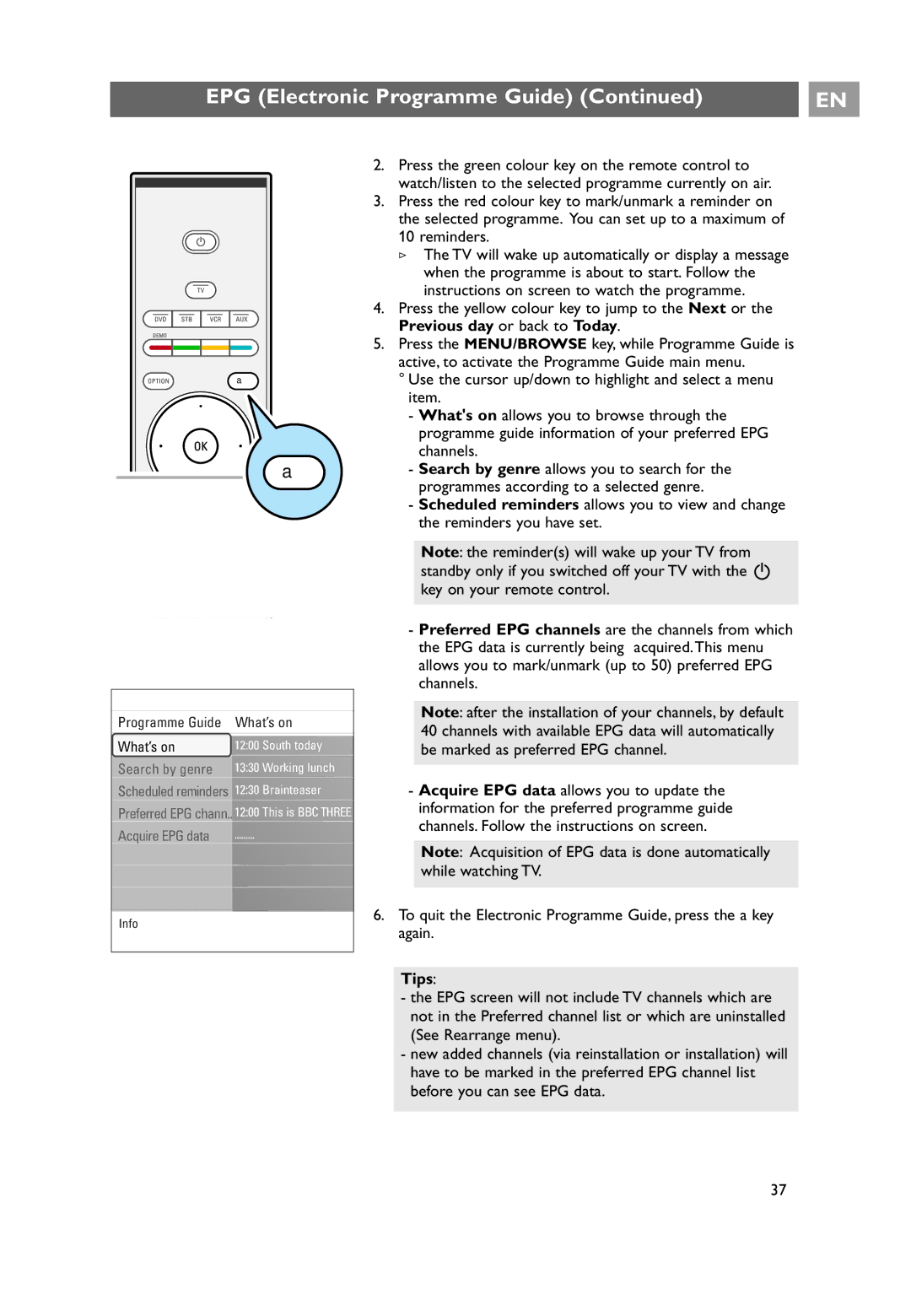 Philips 42PF9631D/10, 42PF9641D/10, 37PF9631D/10 user manual EPG Electronic Programme Guide 