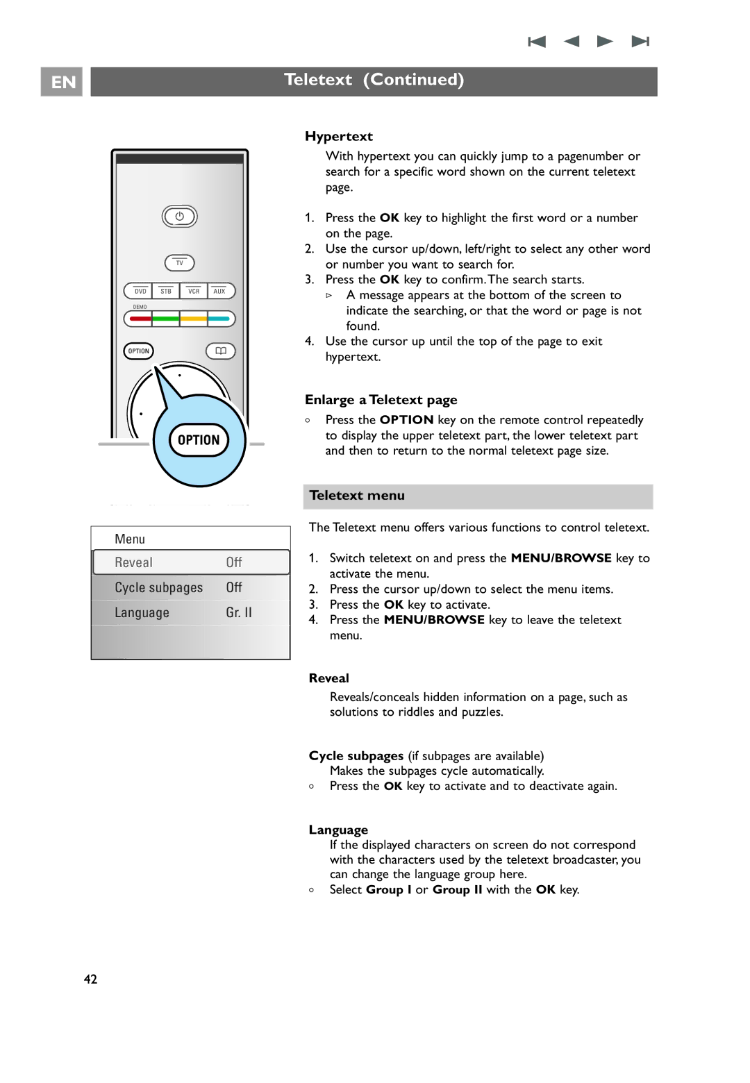 Philips 42PF9641D/10, 42PF9631D/10, 37PF9631D/10 user manual Hypertext, Enlarge a Teletext, Teletext menu, Reveal, Language 
