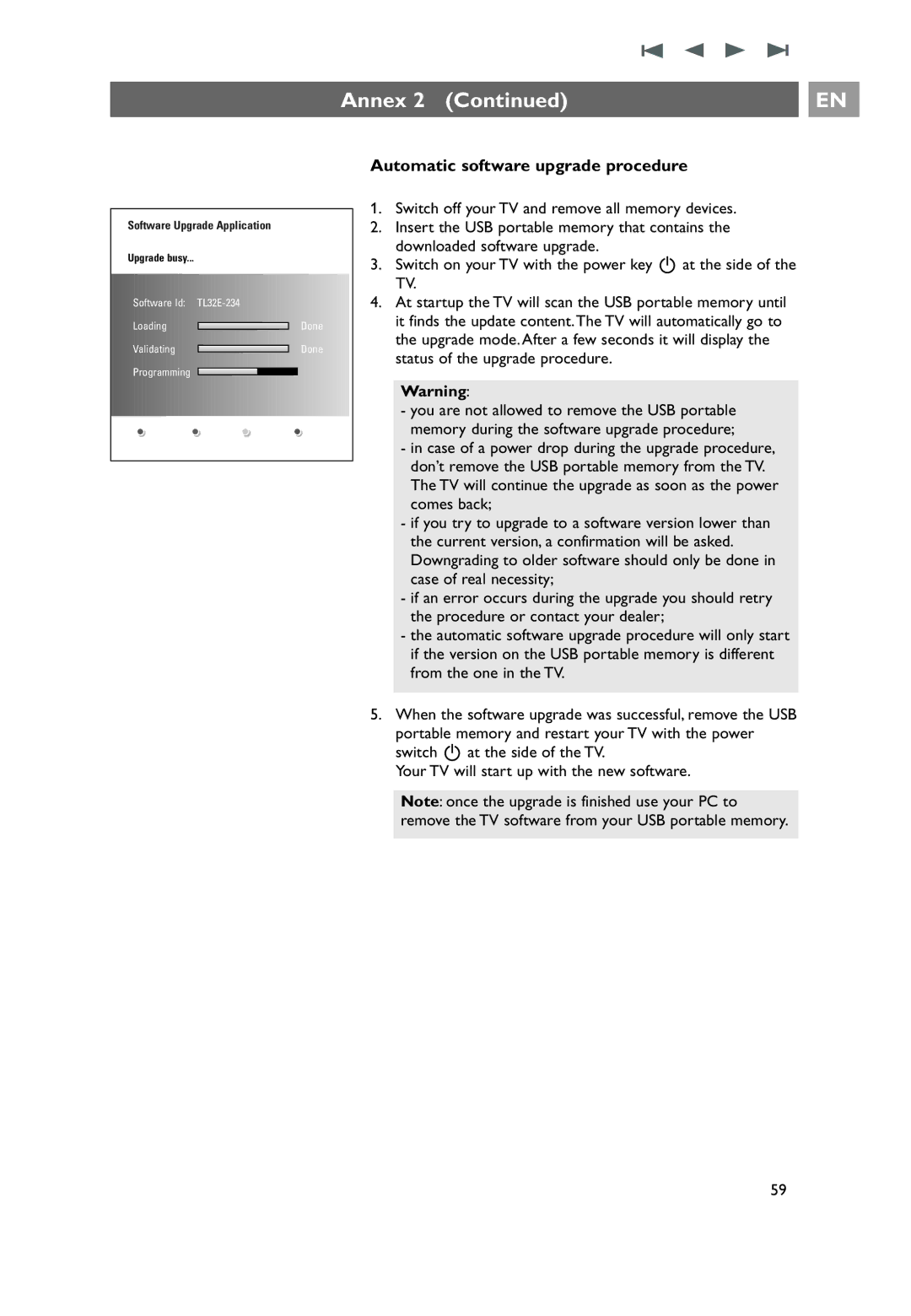 Philips 37PF9631D/10, 42PF9641D/10, 42PF9631D/10 user manual Annex, Automatic software upgrade procedure 