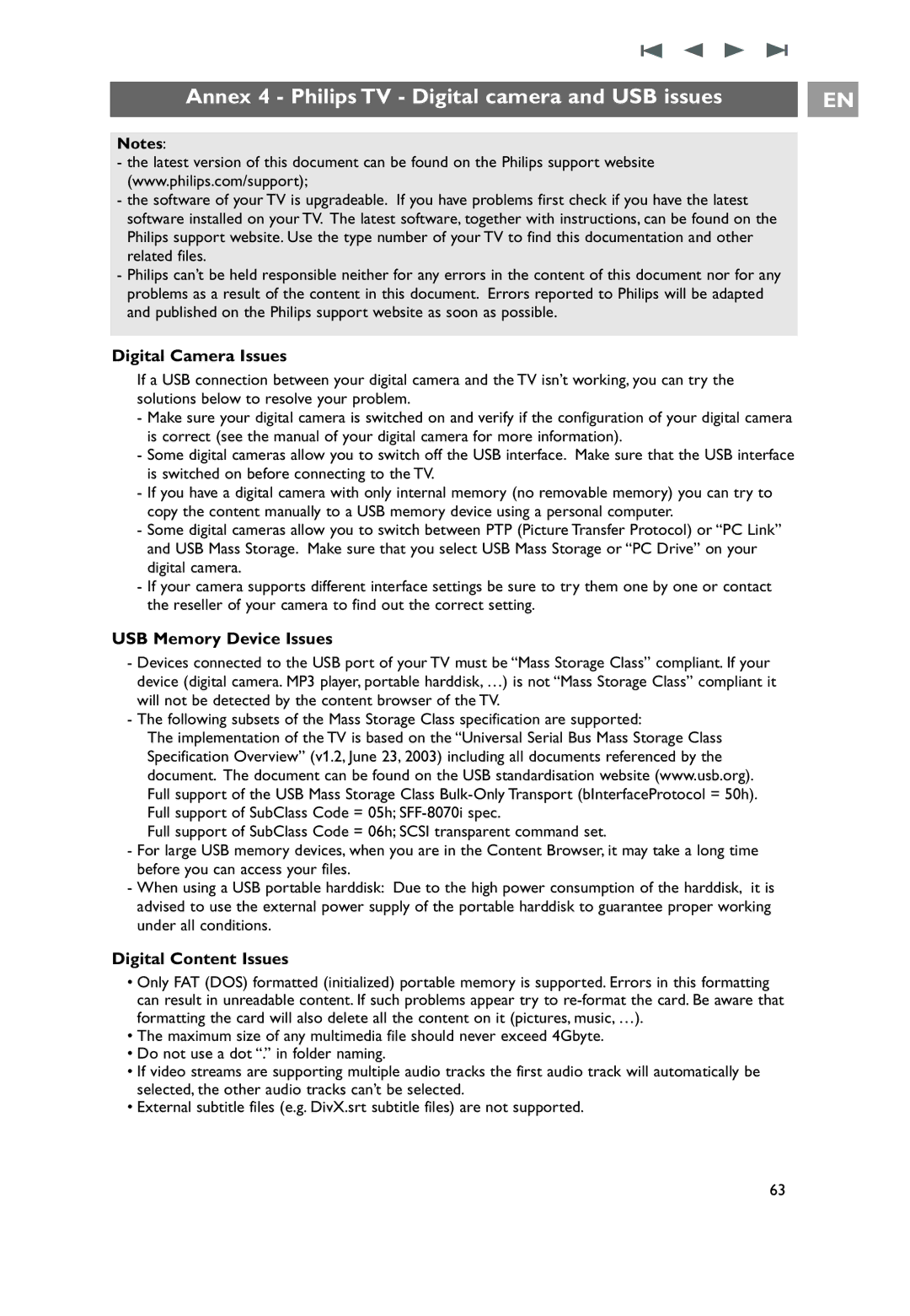 Philips 42PF9641D/10 Annex 4 Philips TV Digital camera and USB issues, Digital Camera Issues, USB Memory Device Issues 
