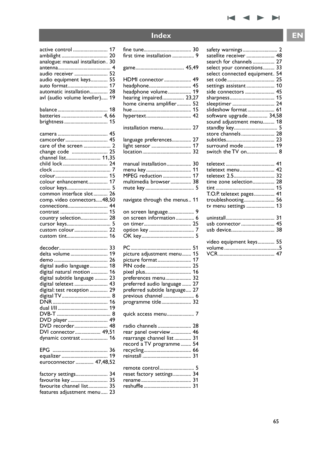 Philips 37PF9631D/10, 42PF9641D/10, 42PF9631D/10 user manual Index, 11,35 