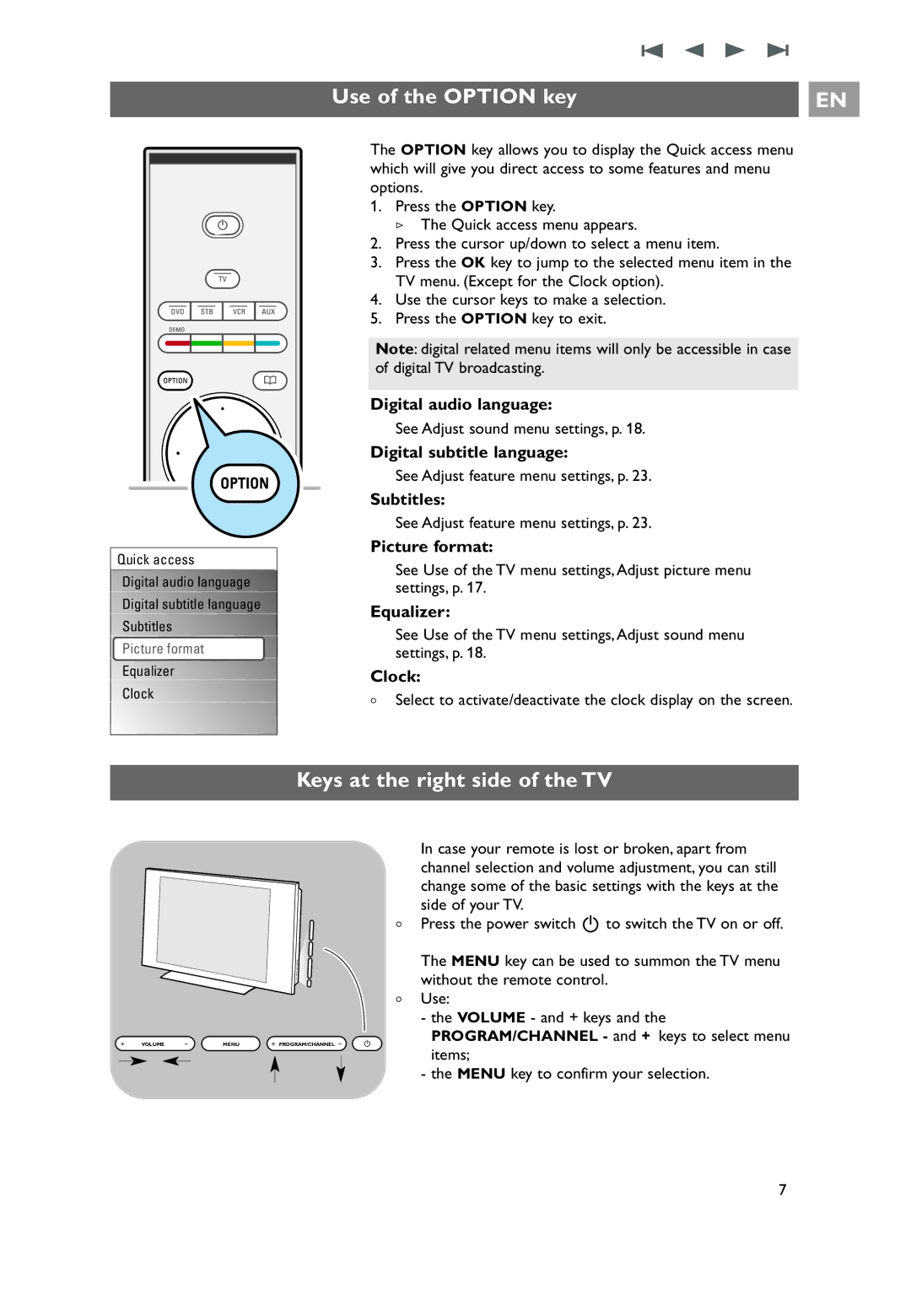 Philips 42PF9631D/10, 42PF9641D/10, 37PF9631D/10 user manual Use of the Option key, Keys at the right side of the TV 