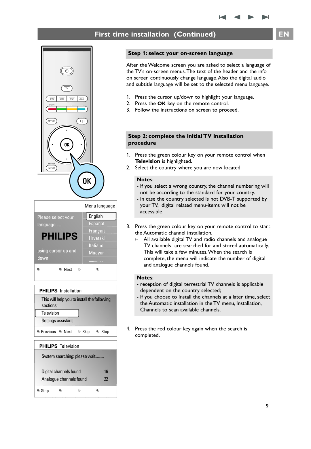 Philips 42PF9641D/10, 42PF9631D/10 Select your on-screen language, Complete the initial TV installation procedure 