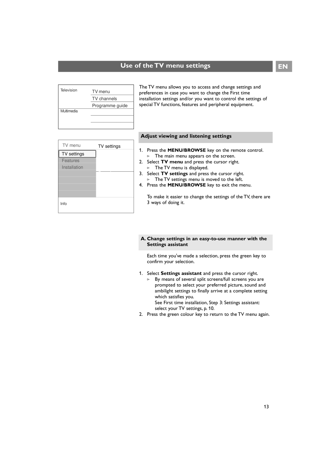 Philips 42PF9641D/10 instruction manual Use of the TV menu settings, Adjust viewing and listening settings 