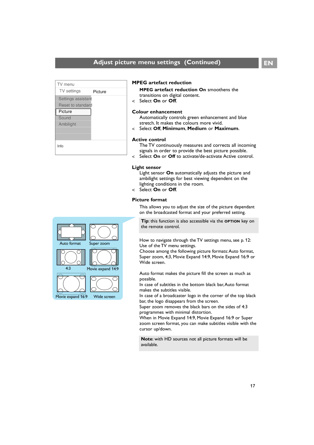 Philips 42PF9641D/10 Colour enhancement, Select Off, Minimum, Medium or Maximum Active control, Light sensor 