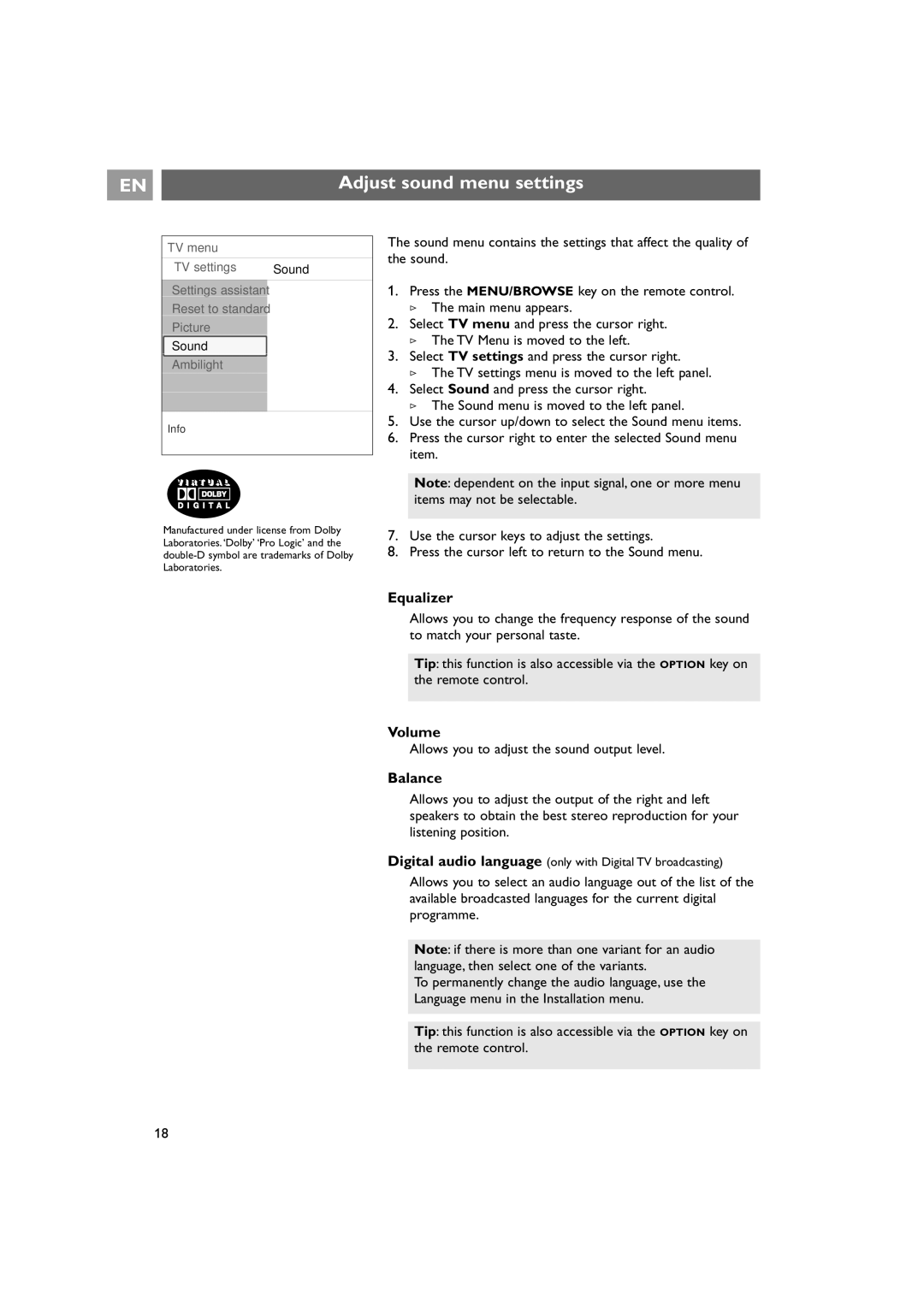 Philips 42PF9641D/10 Adjust sound menu settings, Volume, Balance, Allows you to adjust the sound output level 