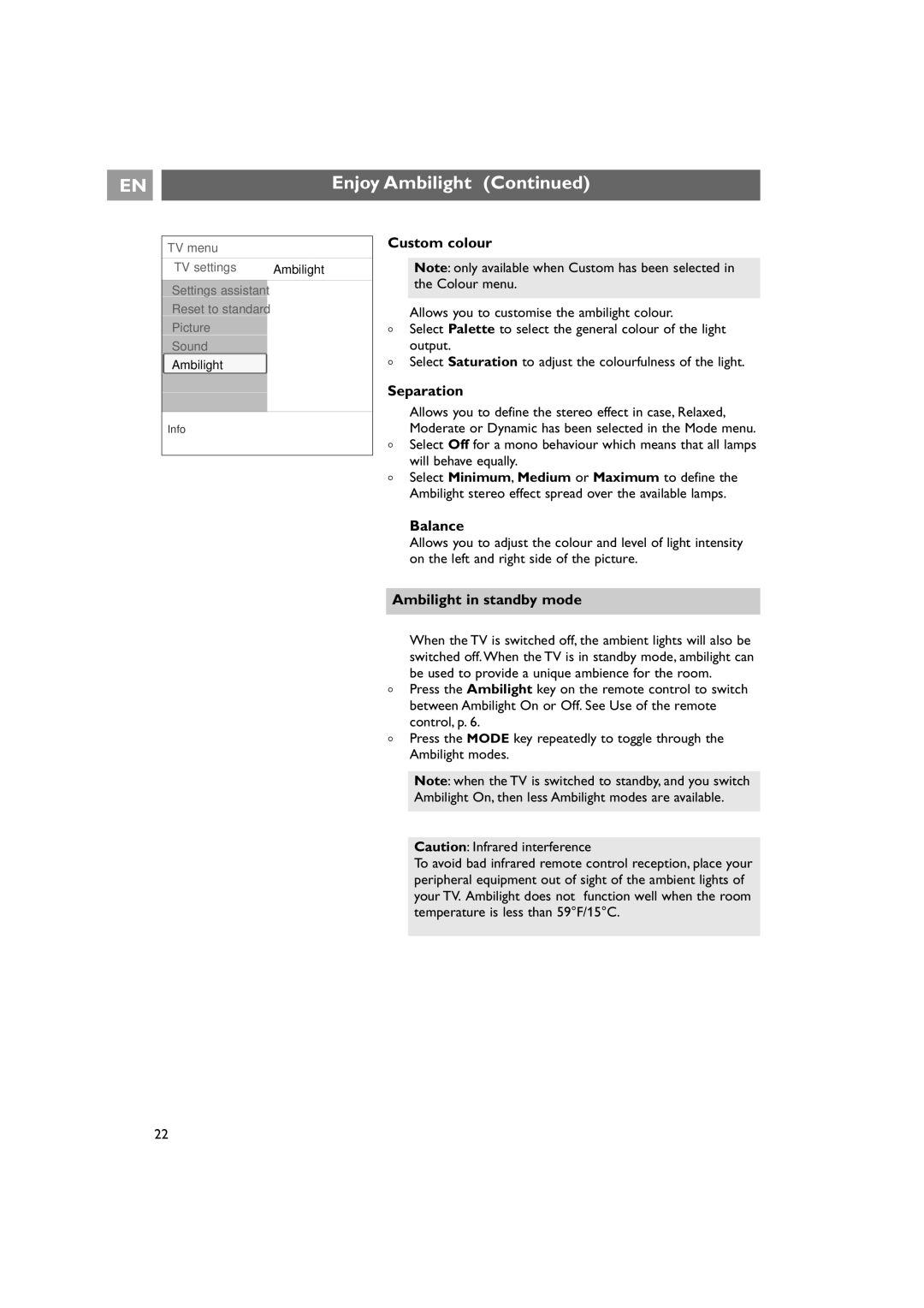 Philips 42PF9641D/10 instruction manual Custom colour, Separation, Ambilight in standby mode 