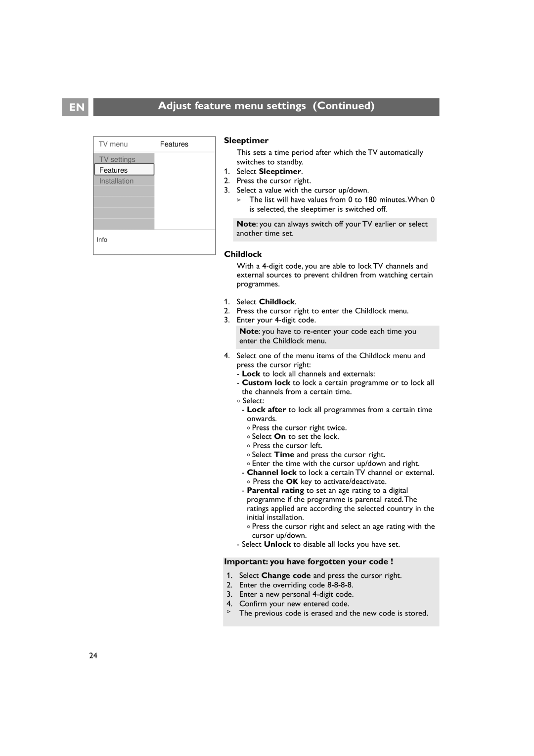 Philips 42PF9641D/10 instruction manual Important you have forgotten your code, Select Sleeptimer, Select Childlock 