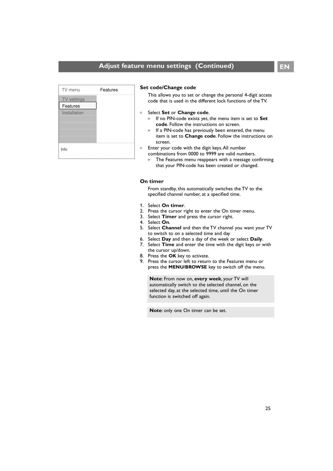 Philips 42PF9641D/10 instruction manual Set code/Change code, On timer, Select Set or Change code 