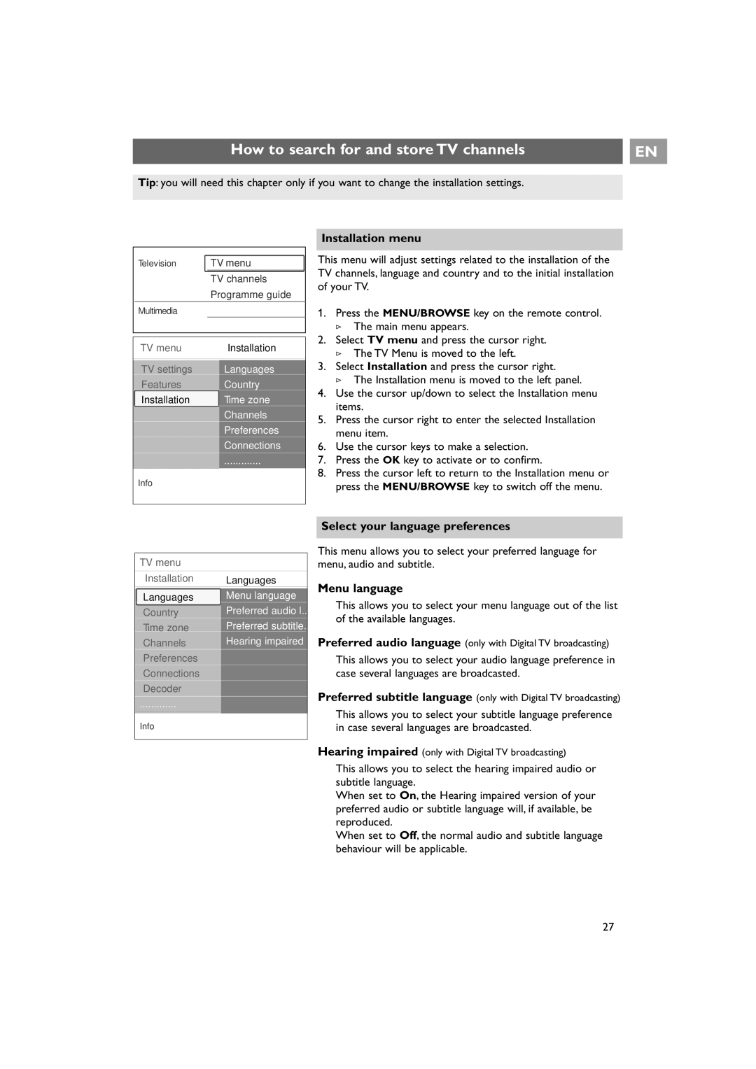 Philips 42PF9641D/10 How to search for and store TV channels, Installation menu, Select your language preferences 