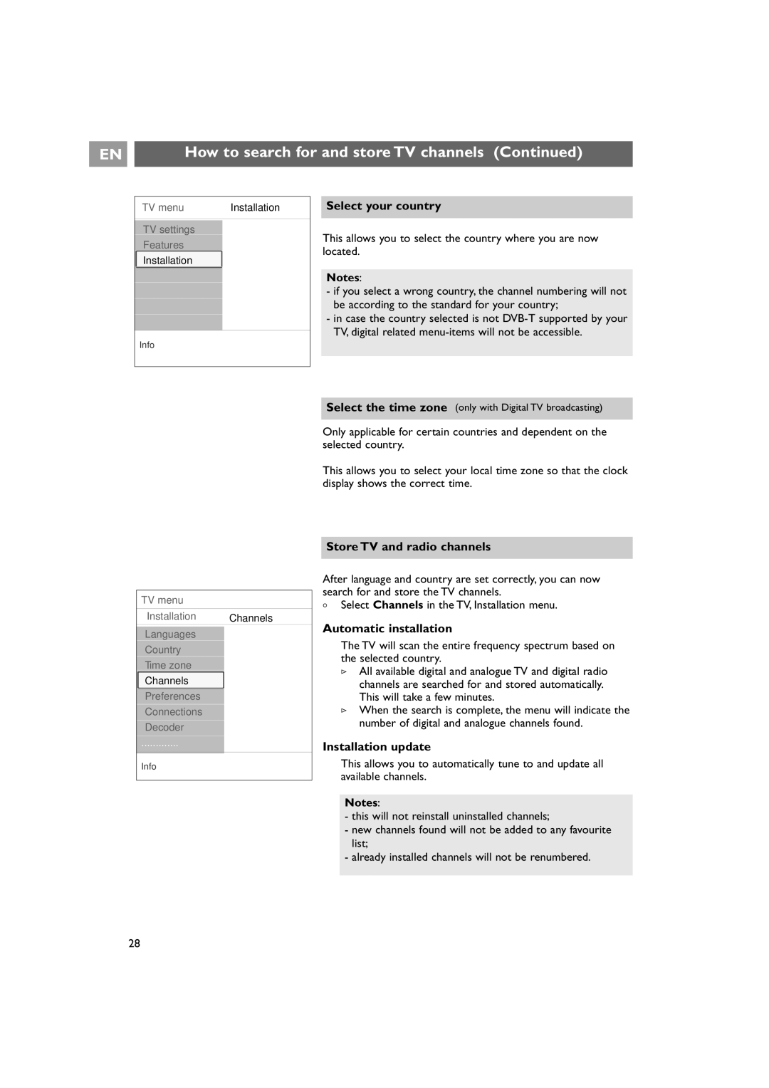 Philips 42PF9641D/10 Select your country, Store TV and radio channels, Automatic installation, Installation update 