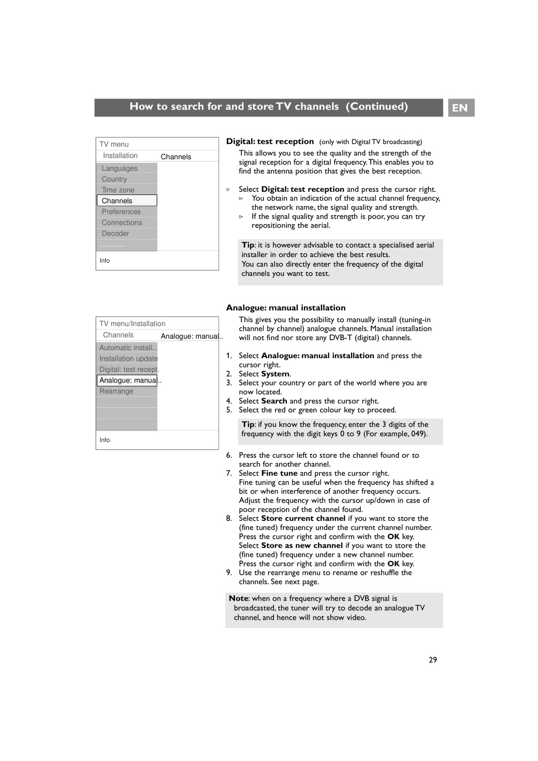 Philips 42PF9641D/10 Analogue manual installation, Select Digital test reception and press the cursor right 