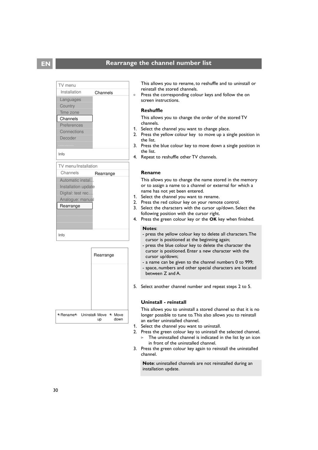 Philips 42PF9641D/10 instruction manual Rearrange the channel number list, Reshuffle, Rename, Uninstall reinstall 