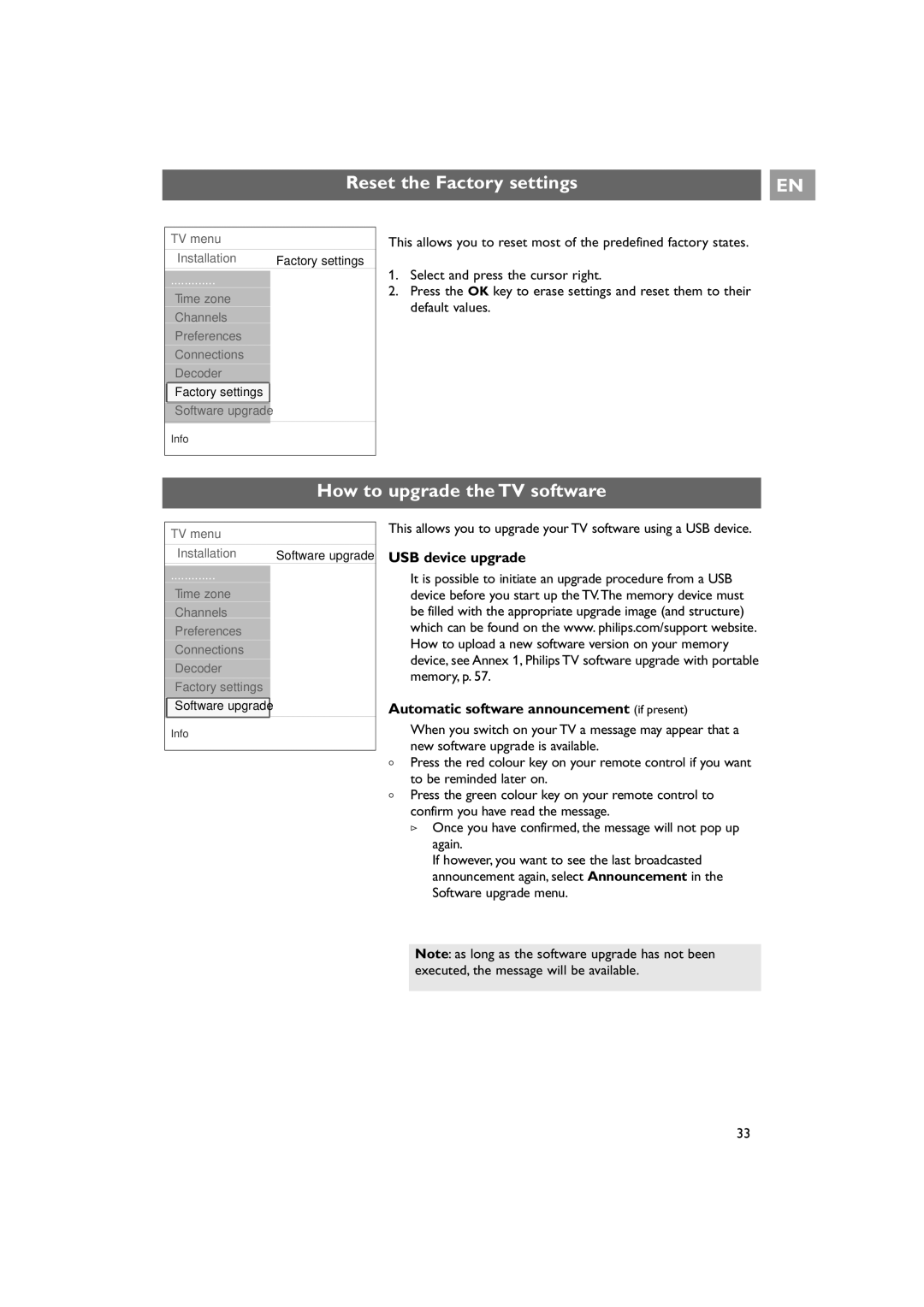 Philips 42PF9641D/10 instruction manual Reset the Factory settings, How to upgrade the TV software 