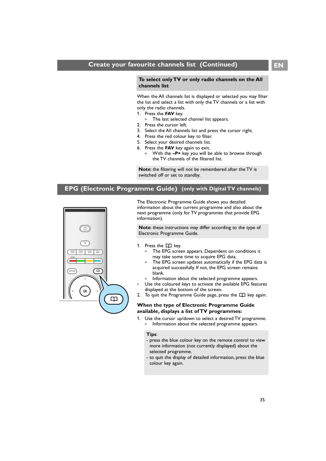 Philips 42PF9641D/10 instruction manual Create your favourite channels list, Channels list, Tips 