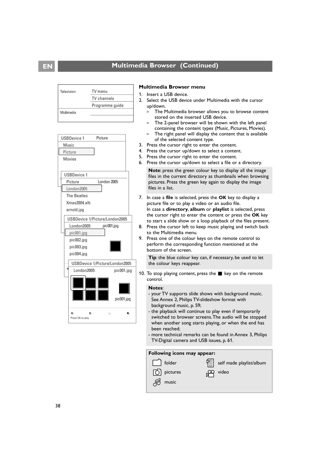 Philips 42PF9641D/10 instruction manual Multimedia Browser menu, Following icons may appear 