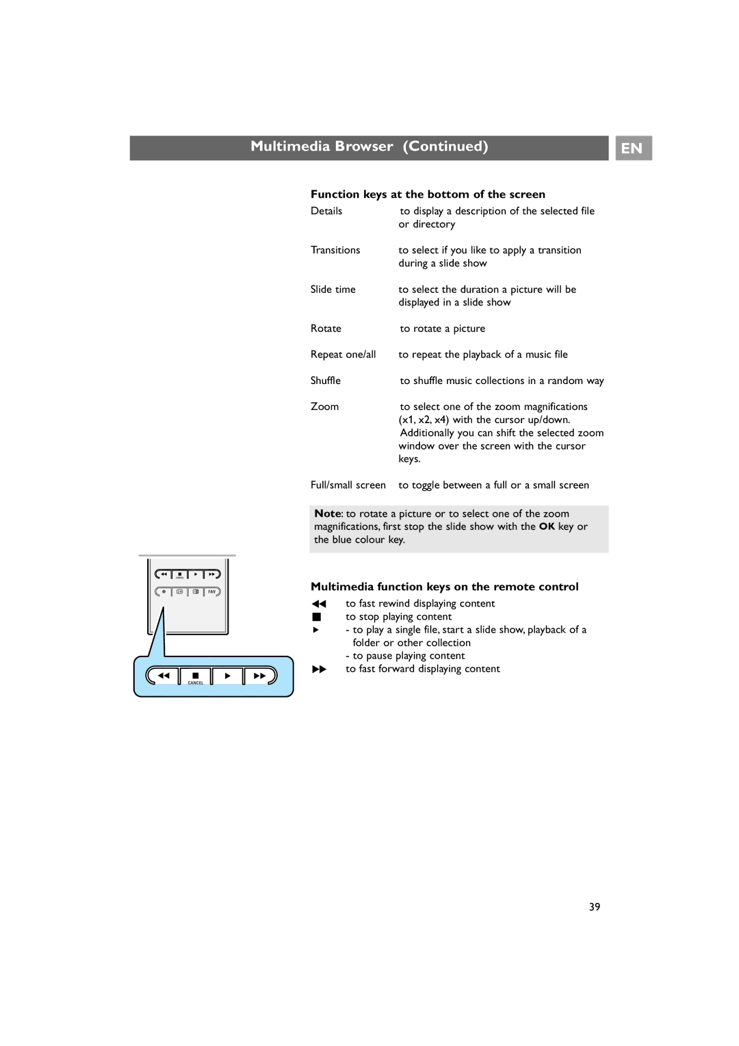 Philips 42PF9641D/10 Function keys at the bottom of the screen, Multimedia function keys on the remote control, Details 