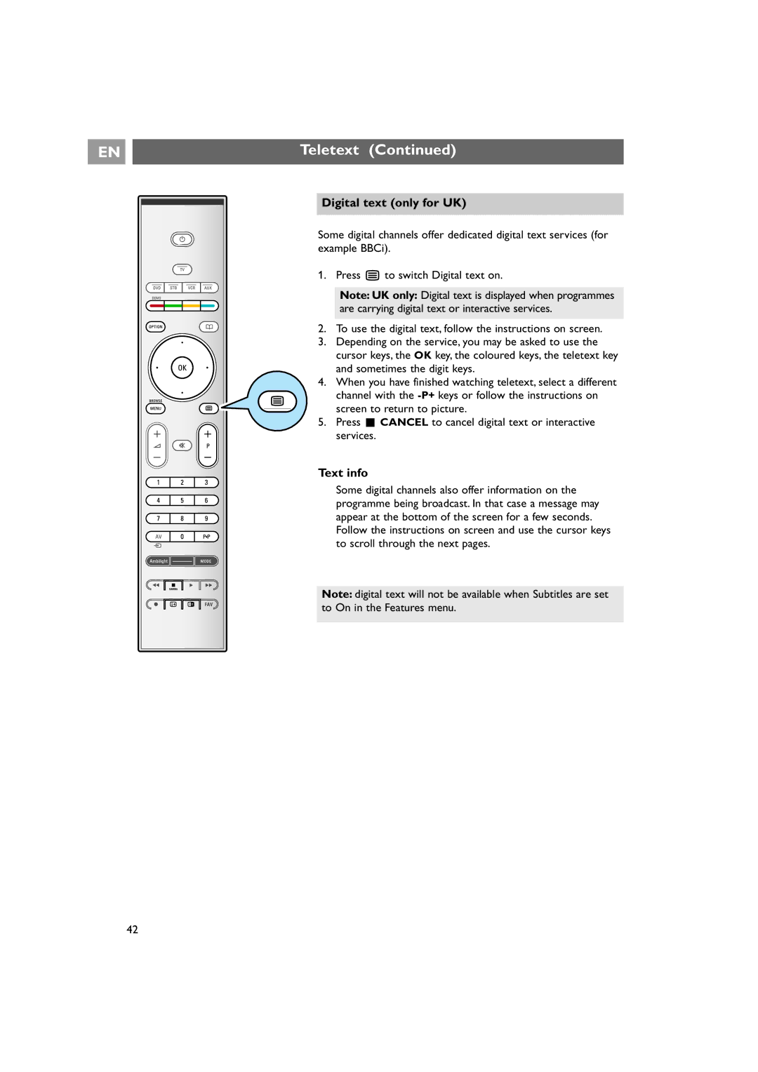 Philips 42PF9641D/10 instruction manual Digital text only for UK, Text info 