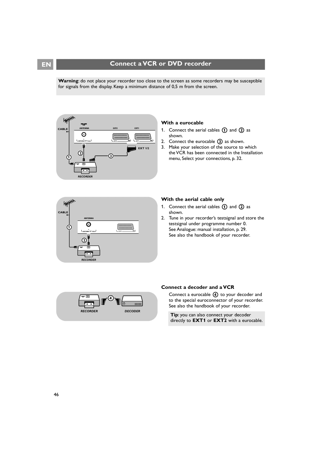 Philips 42PF9641D/10 instruction manual Connect a VCR or DVD recorder, With a eurocable, With the aerial cable only 