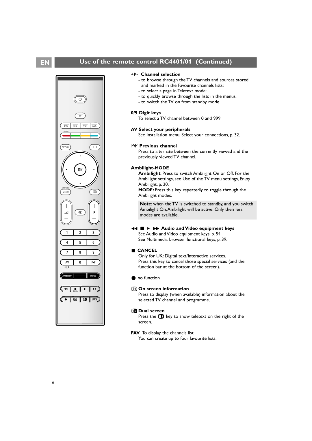 Philips 42PF9641D/10 +P- Channel selection, Digit keys, AV Select your peripherals, Previous channel, Ambilight-MODE 