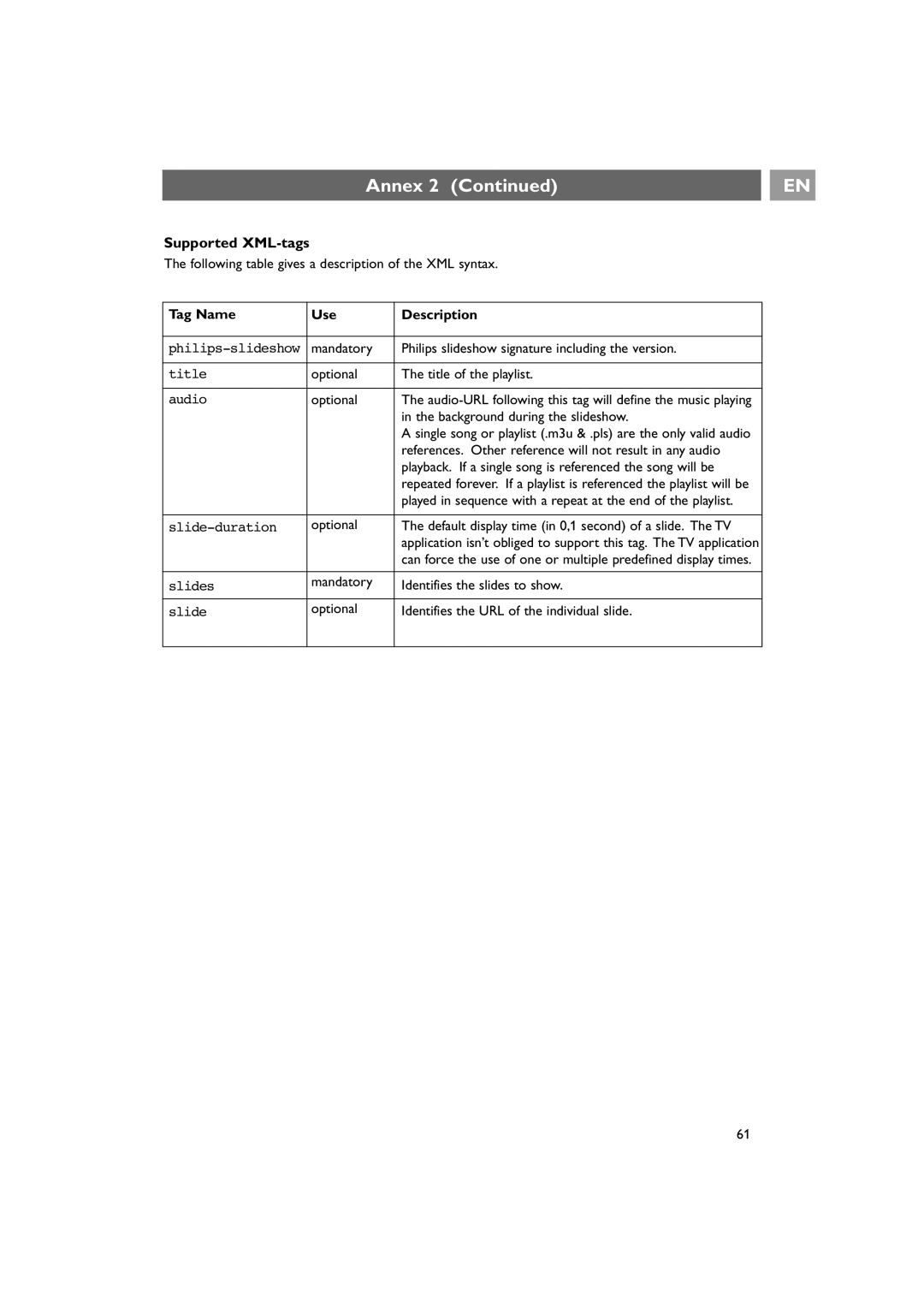 Philips 42PF9641D/10 instruction manual Supported XML-tags, Tag Name Use Description 