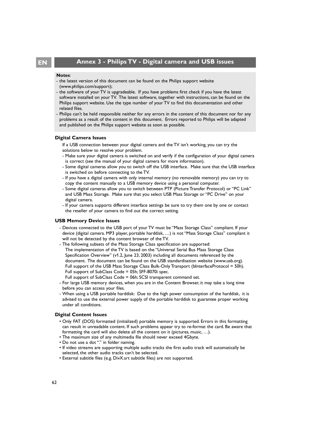 Philips 42PF9641D/10 Annex 3 Philips TV Digital camera and USB issues, Digital Camera Issues, USB Memory Device Issues 