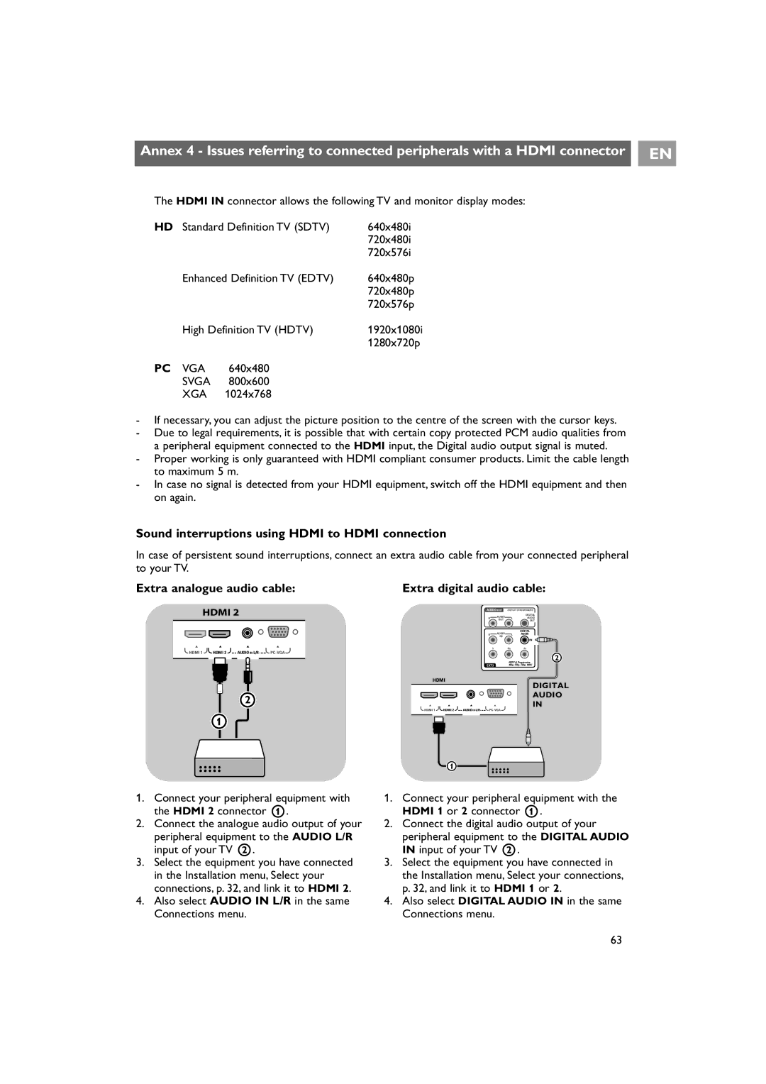 Philips 42PF9641D/10 instruction manual Sound interruptions using Hdmi to Hdmi connection, Extra analogue audio cable 