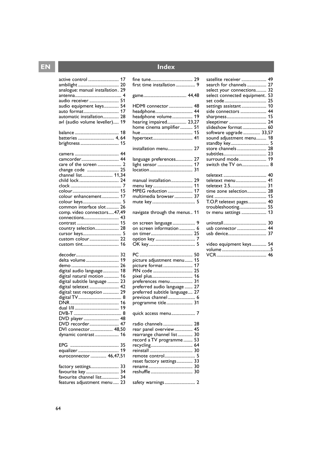 Philips 42PF9641D/10 instruction manual Index, 11,34 